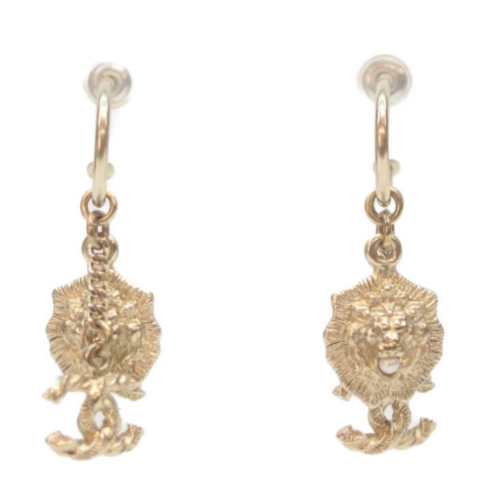 CHANEL A11P Coco Mark Lion Pearl Hoop Earrings Gold Women's
